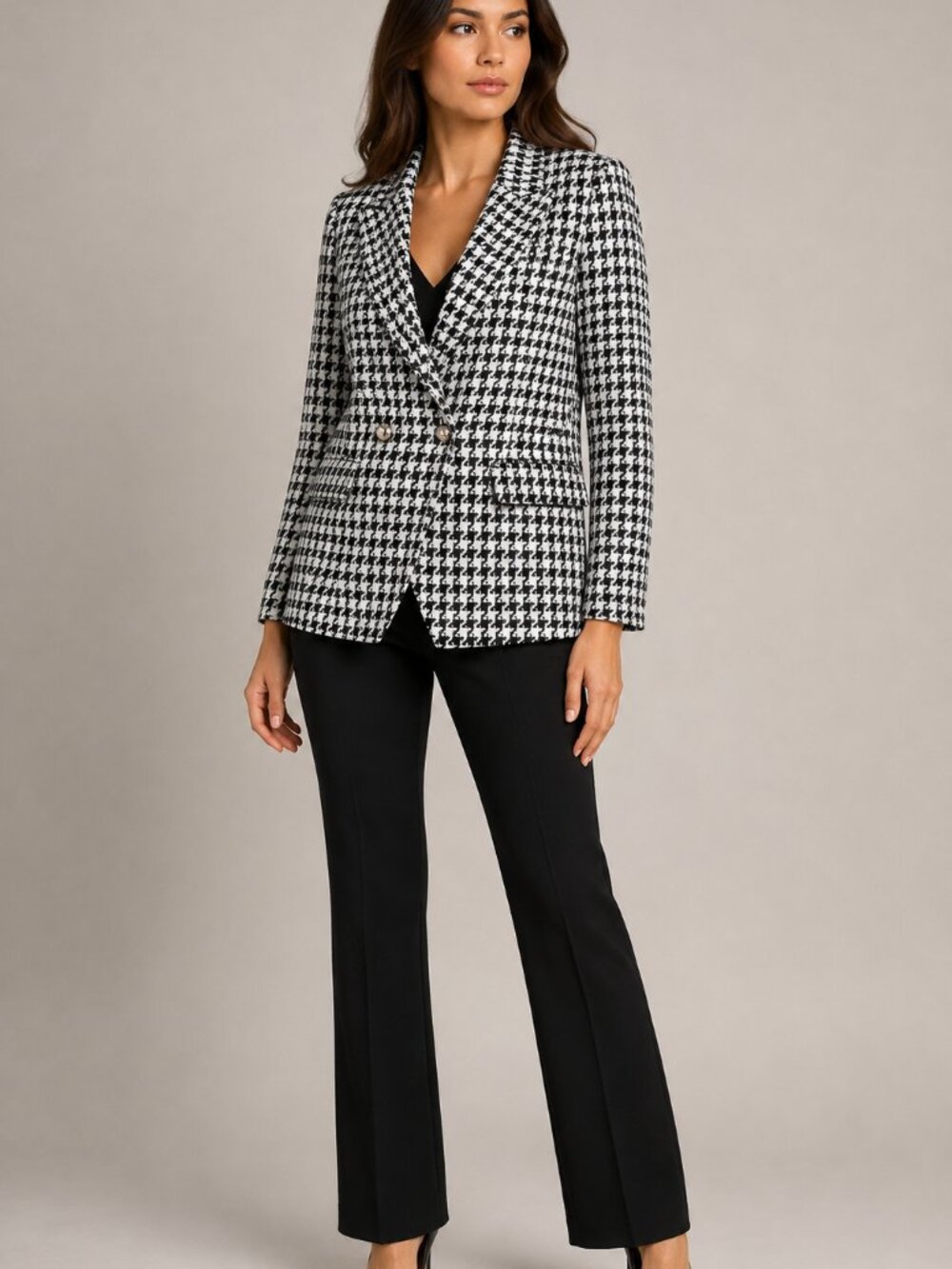 Attitude Unknown L Black White Houndstooth Double Breasted Blazer Gold Buttons